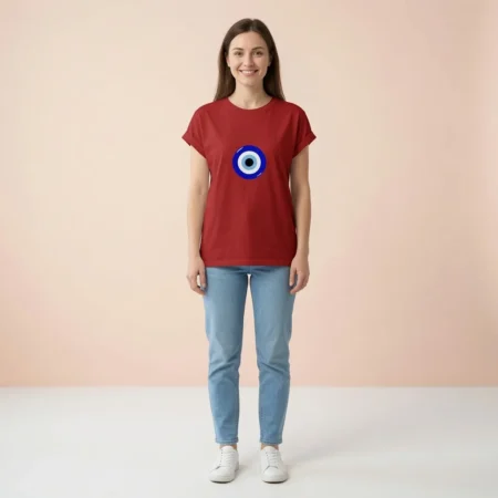 Female wearing red evil eye classic tshirt