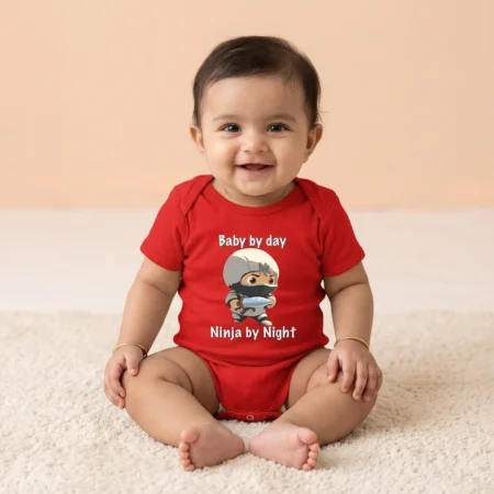 Cute Baby wearing Baby Ninja baby romper red coloured