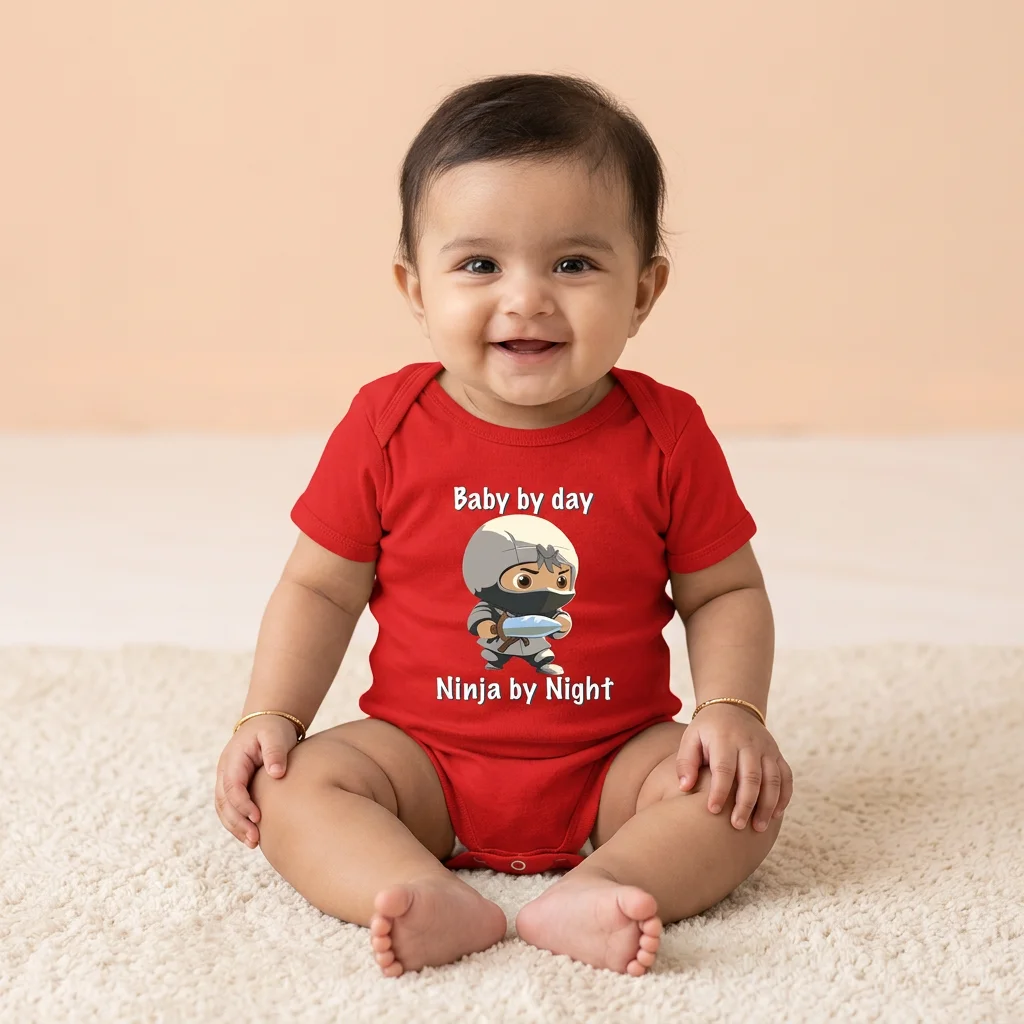 Cute Baby wearing Baby Ninja baby romper red coloured