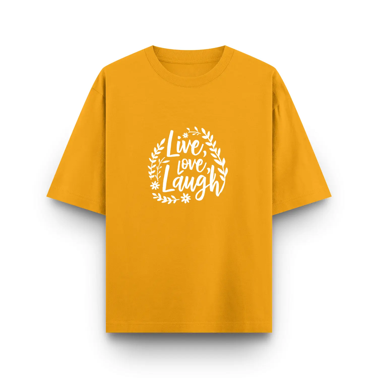 Golden yellow Live love laugh printed Unisex Oversized T shirt front view