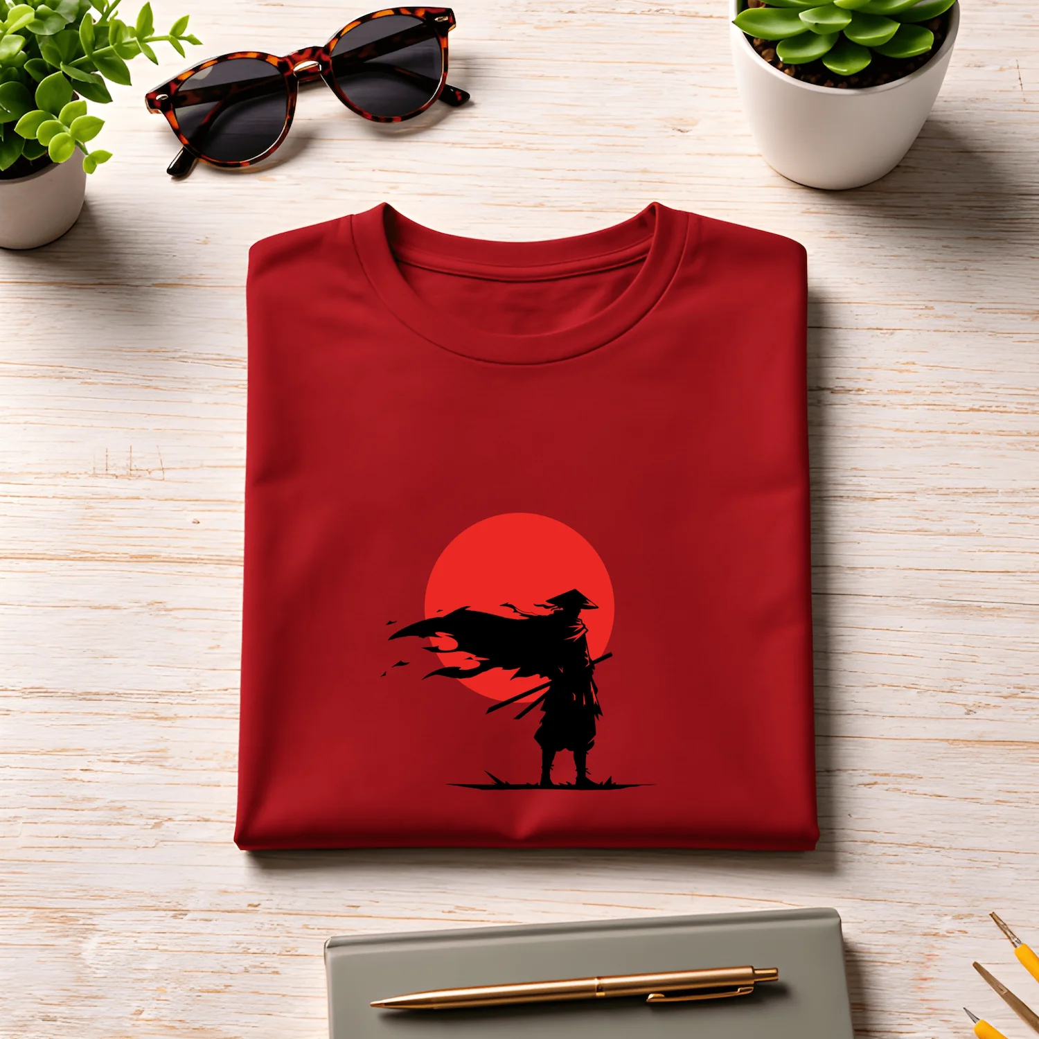 Samurai Unisex crew T shirt red colour