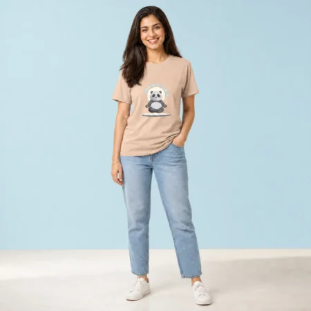 Female wearing a Zen mode Panda Tshirt Biege coloured