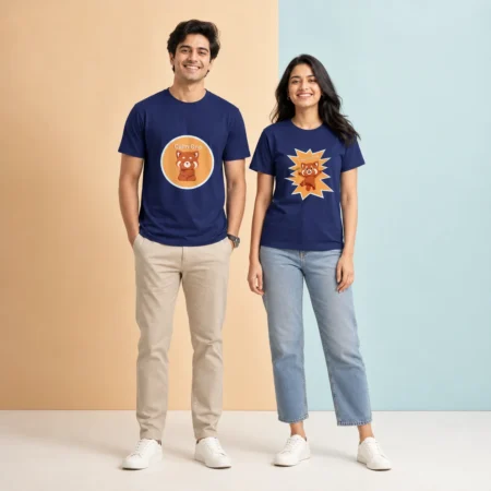 Couple wearing Calm and chaotic fox matching T-shirt royal blue coloured