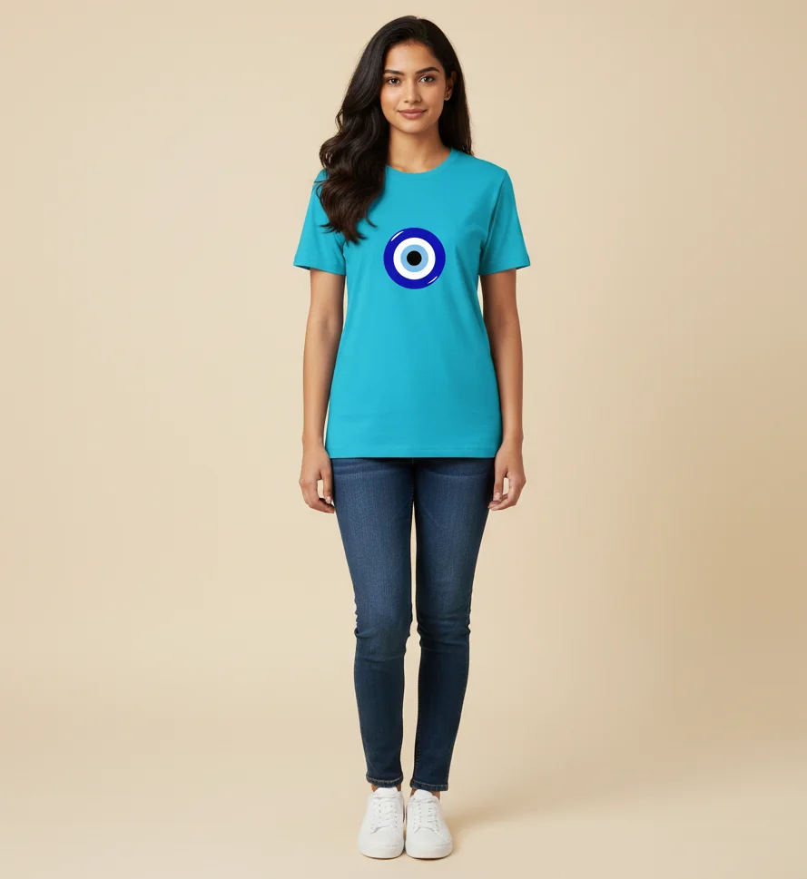 Female model wearing Evil eye Unisex Crew T shirt