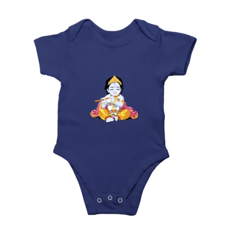 Royal blue Krishna playing flute Baby romper front view
