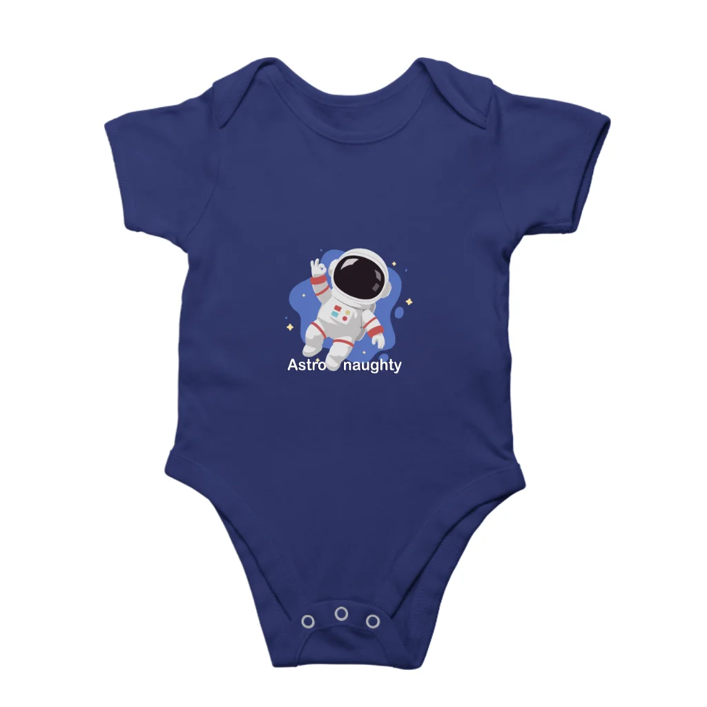 Royal blue Astro-naughty baby romper front view