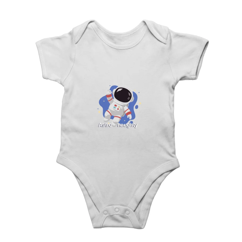 White Astro-naughty baby romper front view