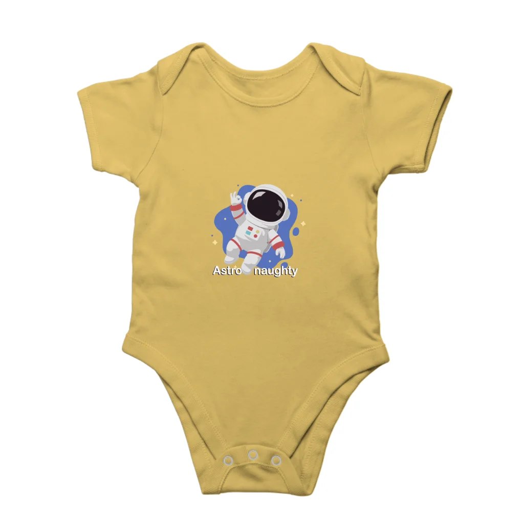 Yellow Astro-naughty baby romper front view