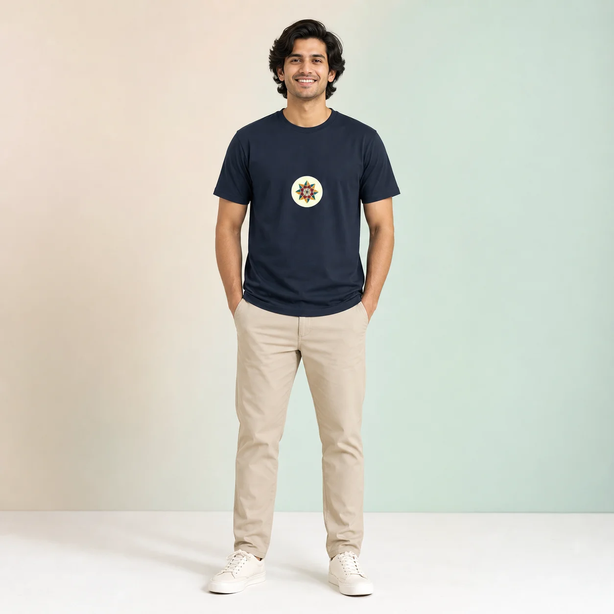 Male wearing navy blue Celestial Star Unisex Crew T shirt