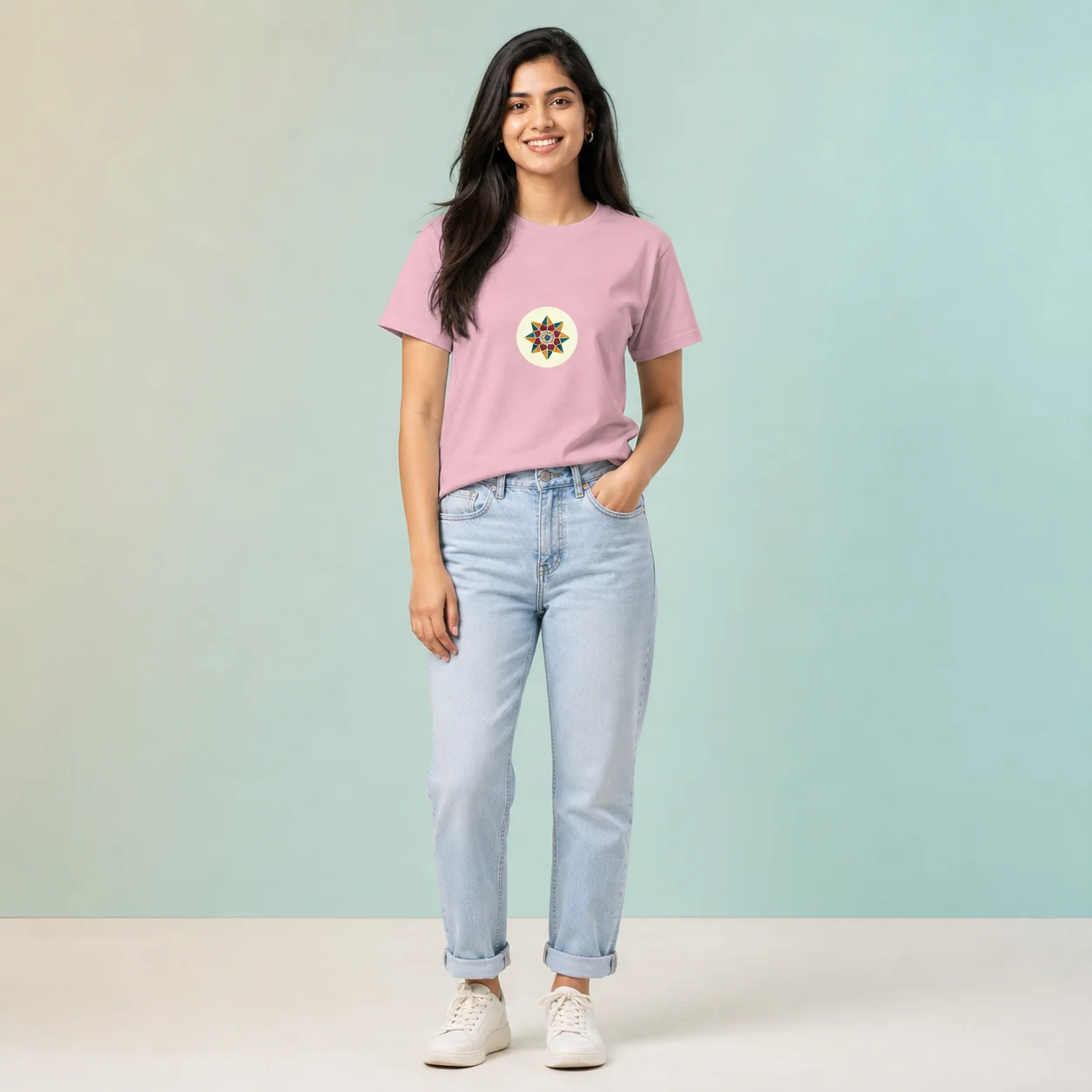 Female wearing light pink Celestial Star Unisex Crew T shirt