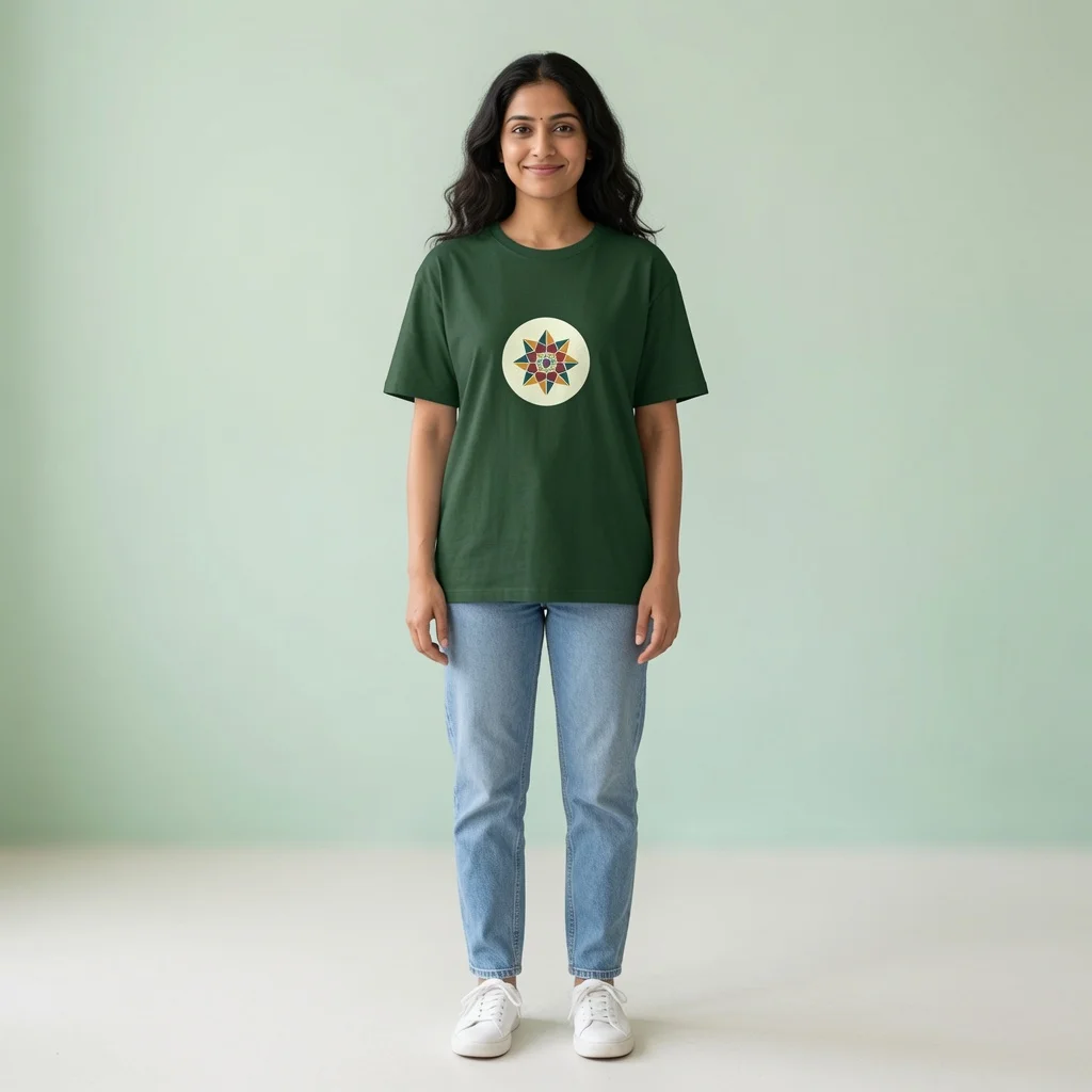 Female model wearing Celestial Star Oversized t shirt bottle green coloured