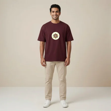 Male model wearing Celestial Star Oversized t shirt maroon coloured