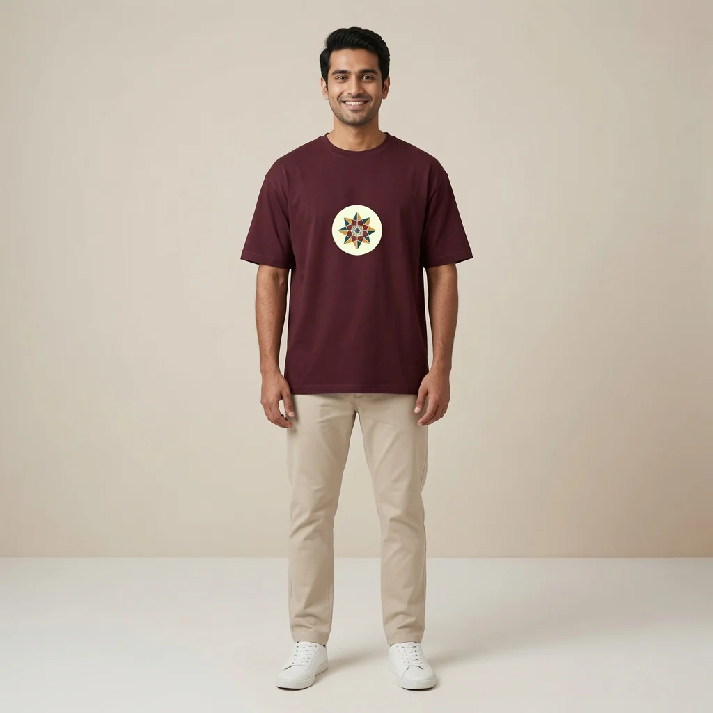 Male model wearing Celestial Star Oversized t shirt maroon coloured