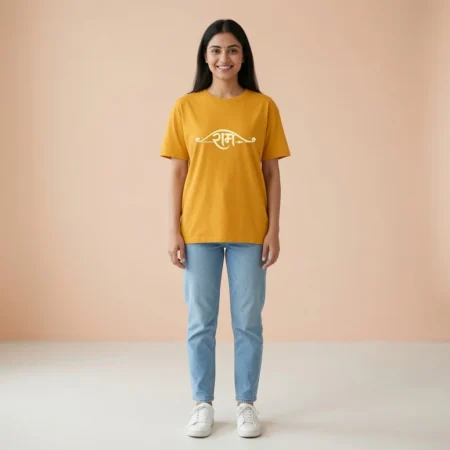 Female model wearing Golden yellow Ram Typography Unisex Oversized T Shirt
