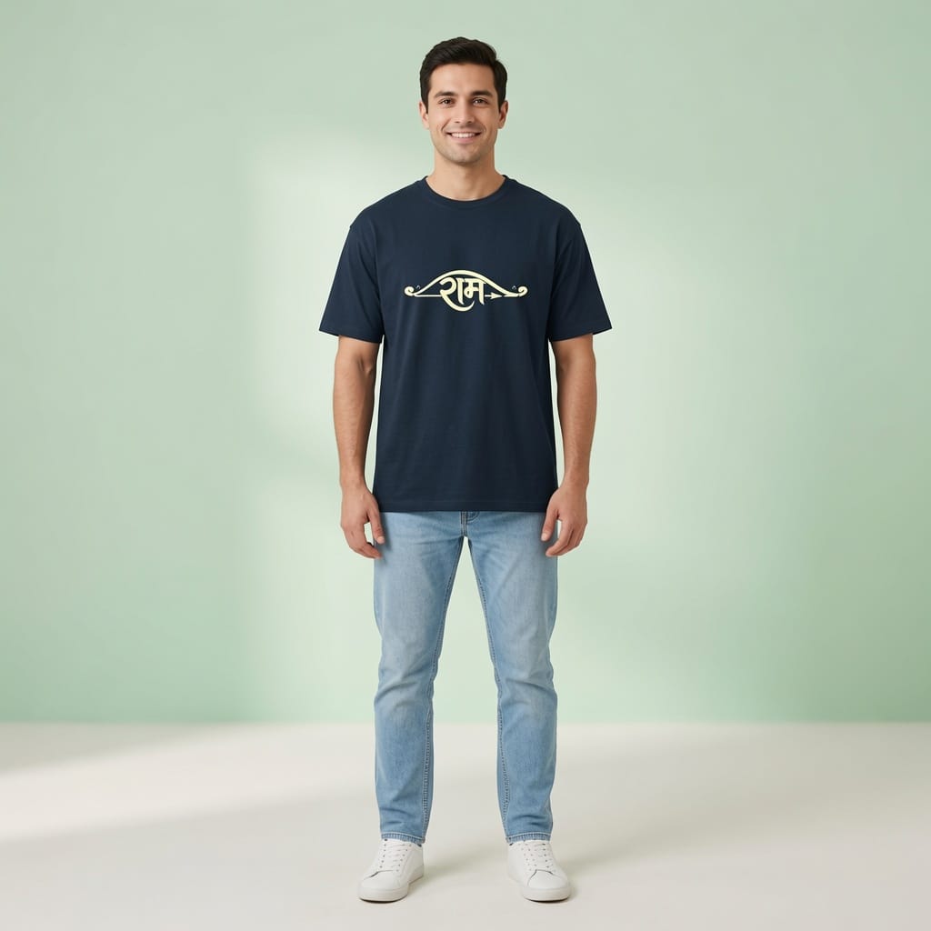 Male model wearing Navy blue Ram Typography Unisex Oversized T Shirt