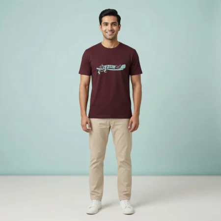 Male model wearing maroon Krishna typography unisex classic tshirt