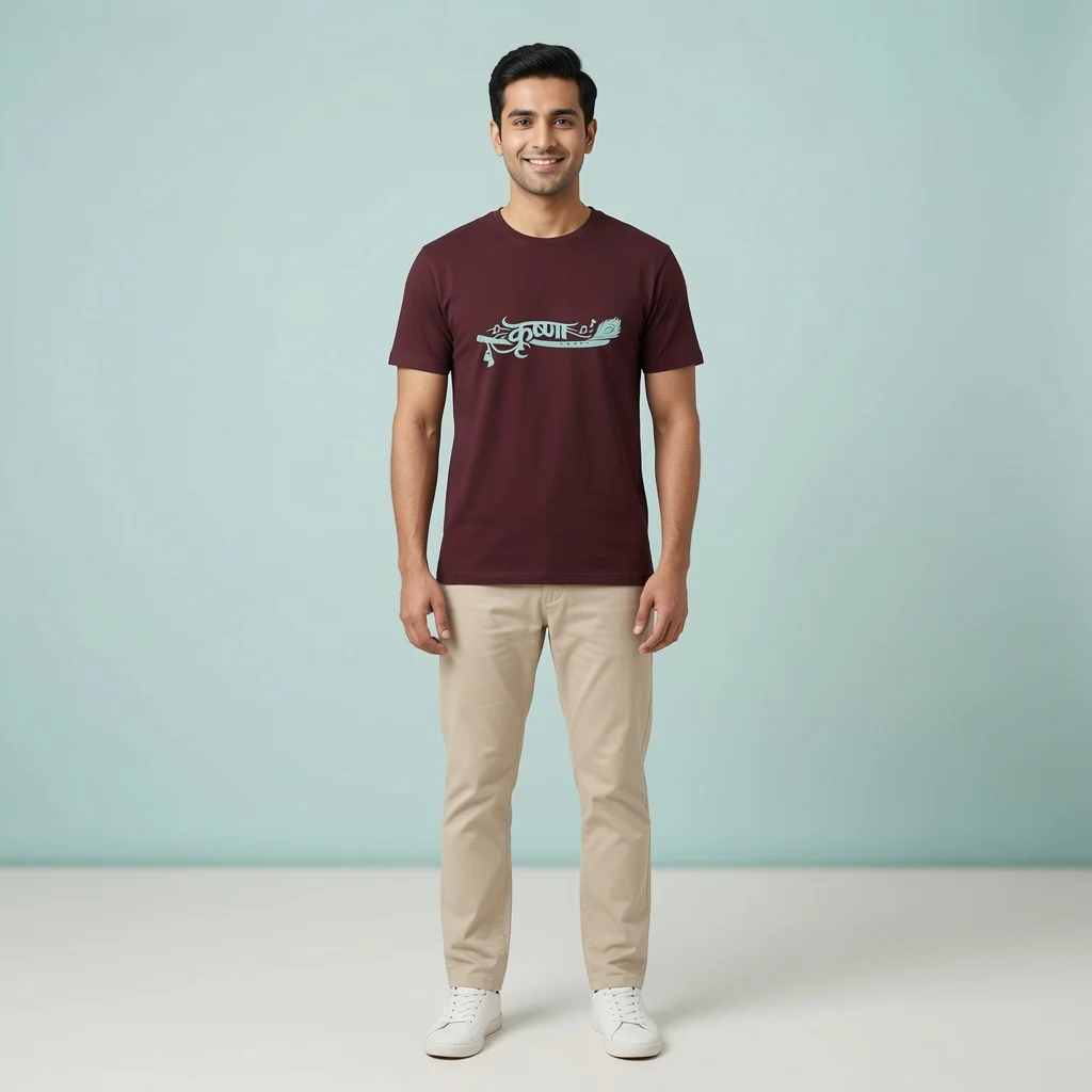 Male model wearing maroon Krishna typography unisex classic tshirt
