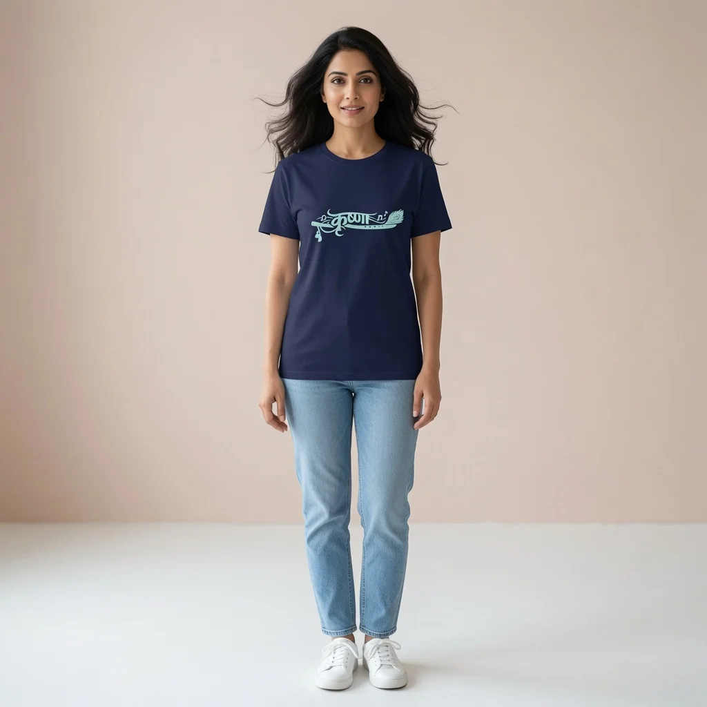 Female model wearing royal blue Krishna typography unisex classic tshirt