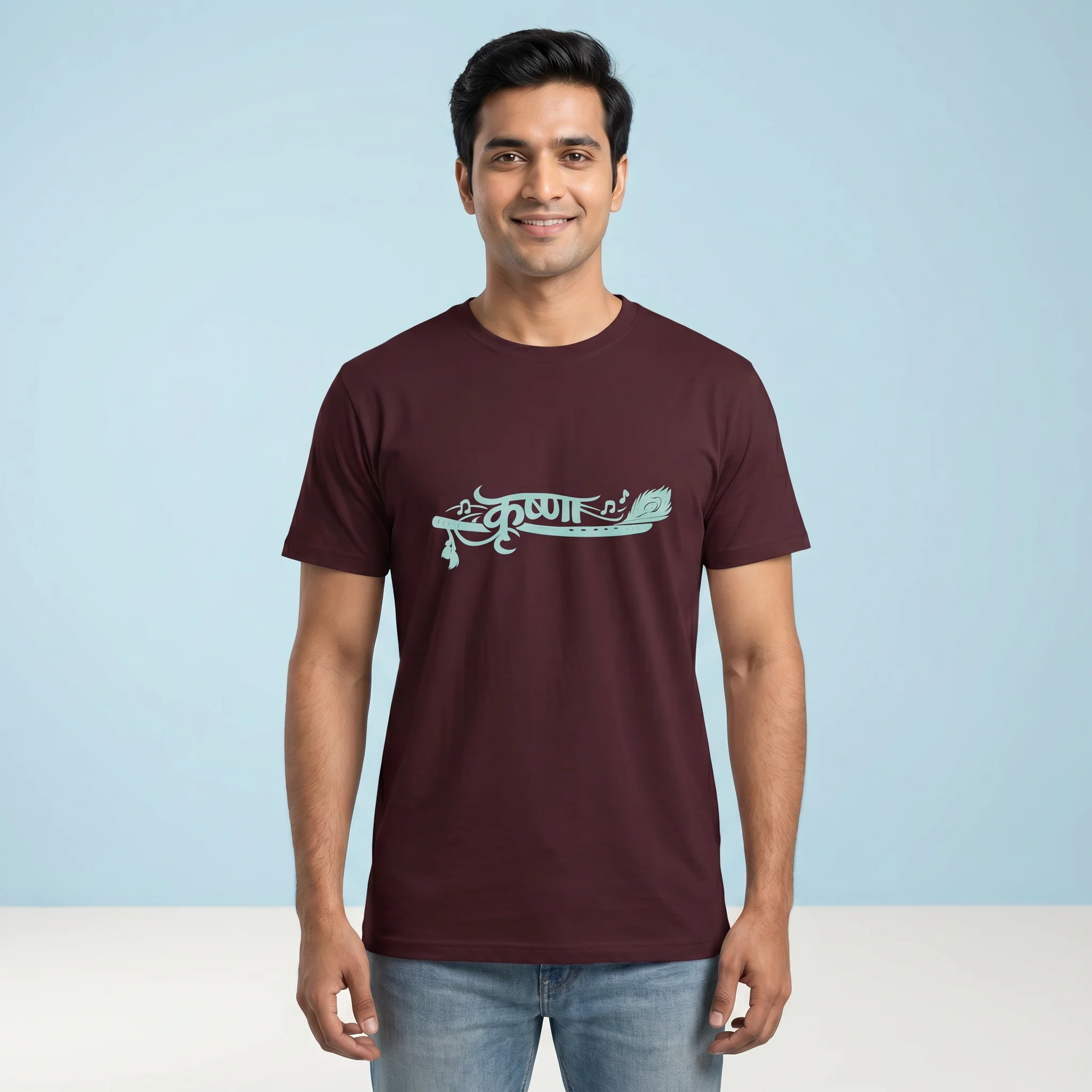Male model wearing Maroon Krishna Typography Unisex Crew T Shirt