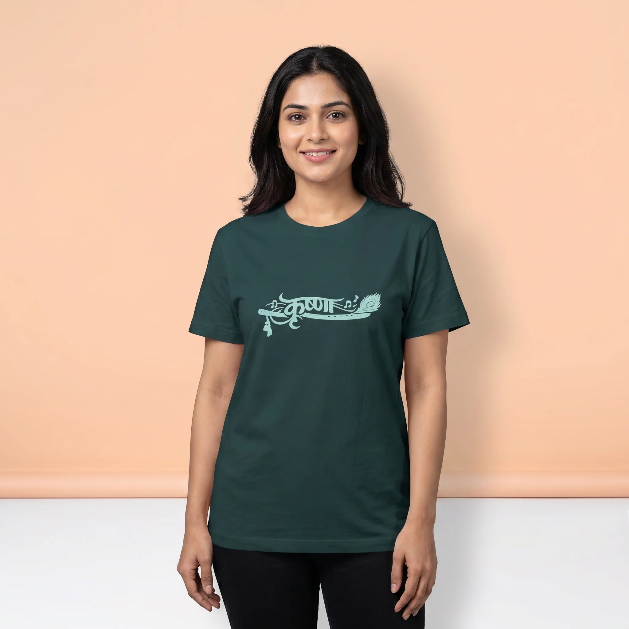 Female model wearing petrol blue Krishna Typography Unisex Crew T Shirt