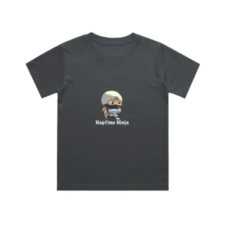 Steel grey Naptime Ninja Kids T Shirt front view