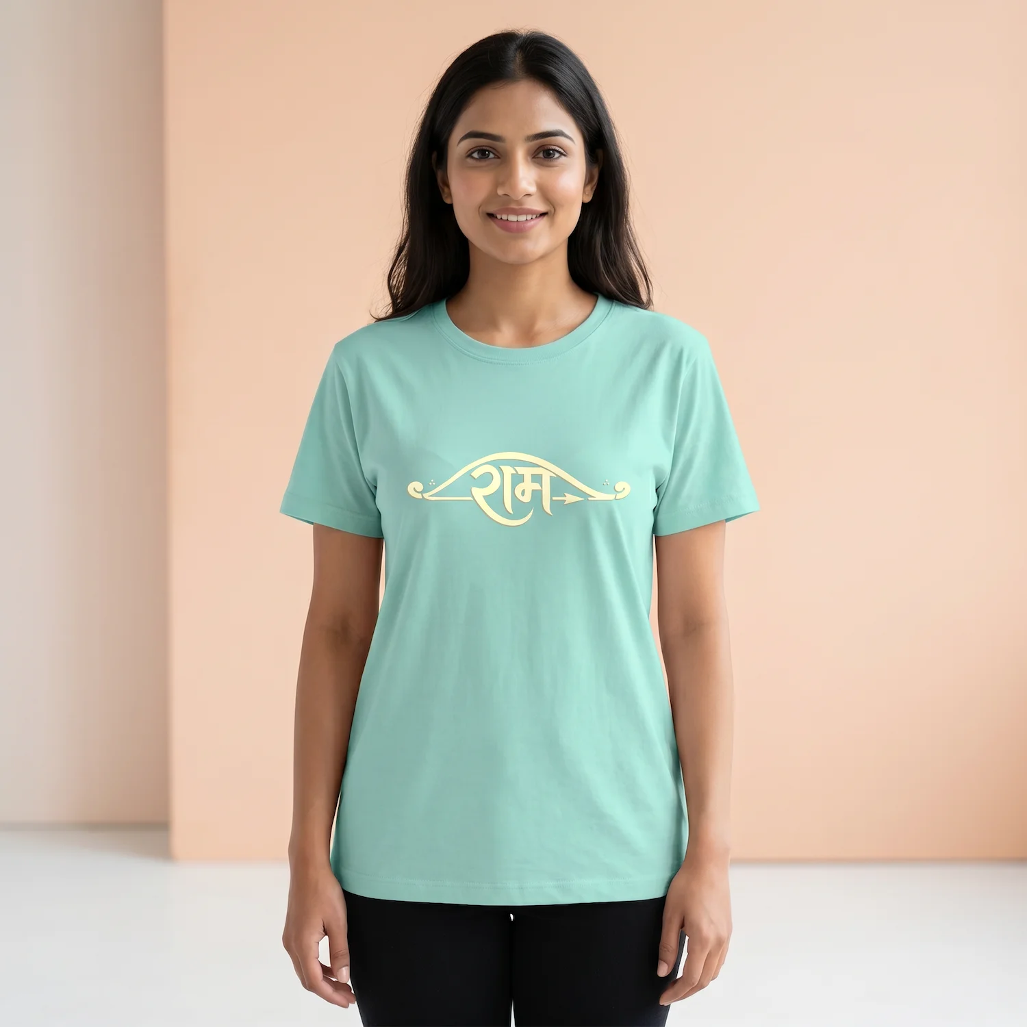 Female model wearing Mint Ram Typography Unisex Crew T Shirt