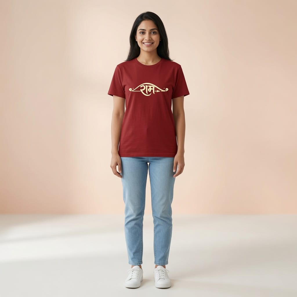 Female model wearing Red Ram Typography Unisex Crew T Shirt