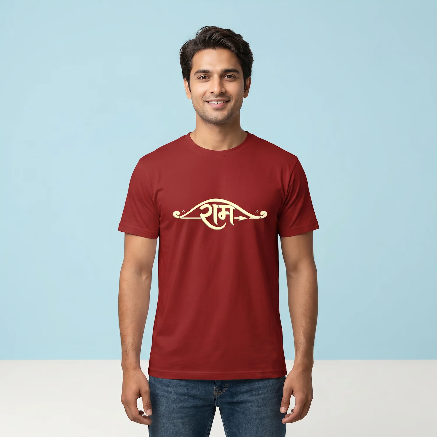 Male model wearing Red Ram Typography Unisex Crew T Shirt