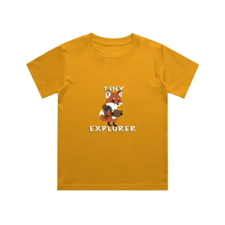 Golden yellow Tiny Explorer fox kids T shirt front view