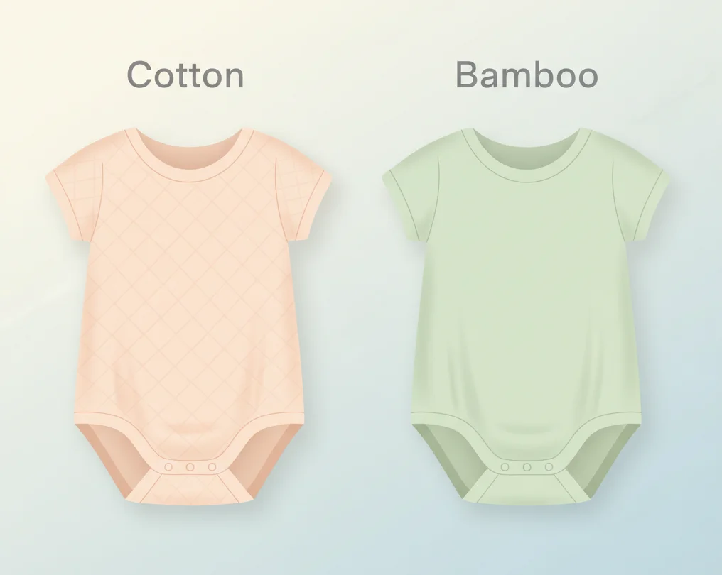 Cotton vs bamboo baby rompers in onesie style with no leg coverage, showing fabric difference for Indian weather
