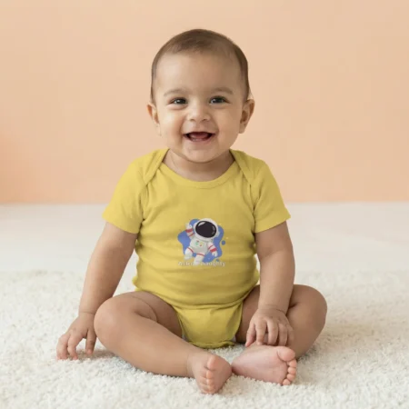 Baby wearing Yellow Astro-naughty baby romper