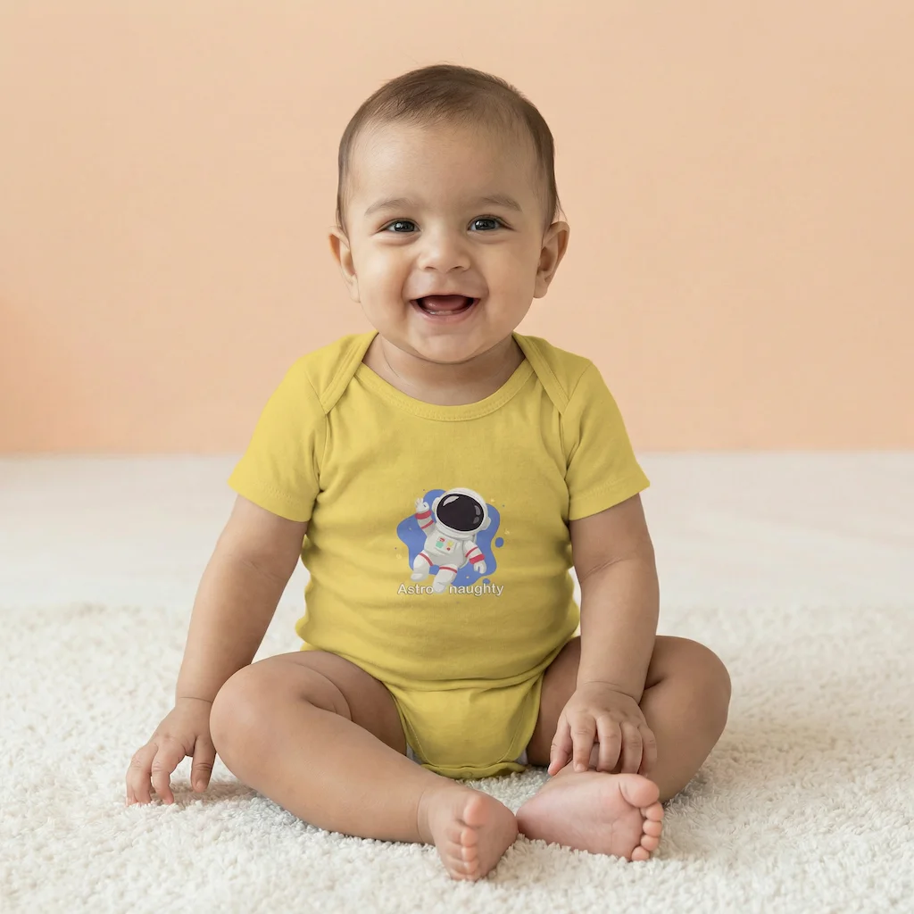 Baby wearing Yellow Astro-naughty baby romper