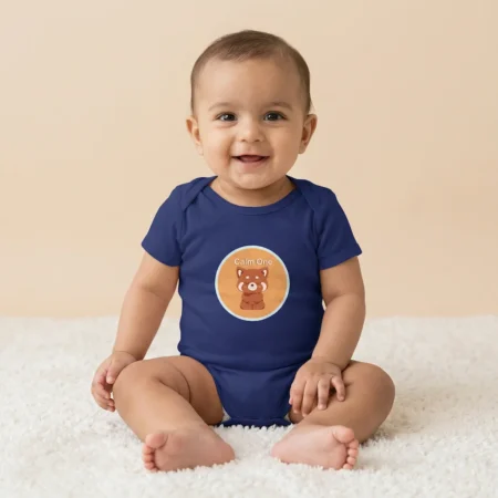 Baby wearing Calm fox romper royal blue coloured