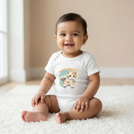 Baby wearing a can't stop me cat baby romper white coloured