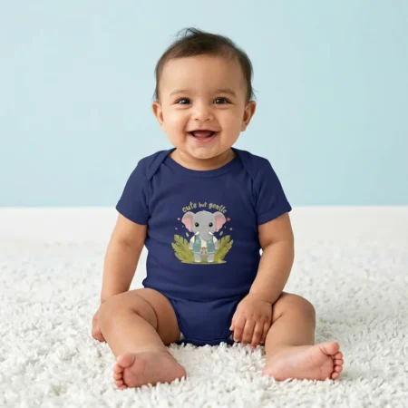 Baby wearing a elephant baby romper royal blue coloured