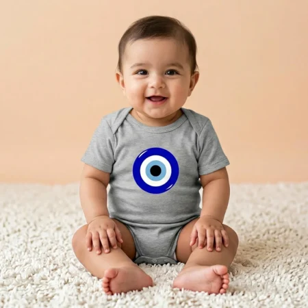 Baby wearing Grey evil eye baby romper front view