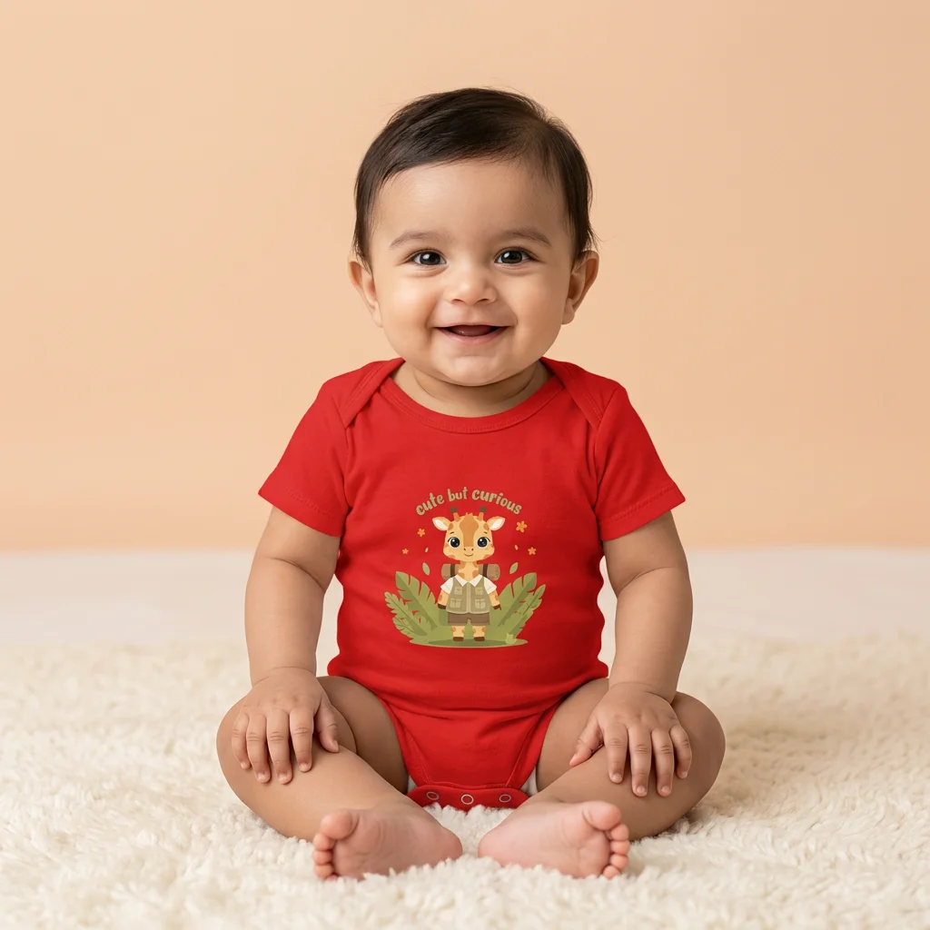 Baby wearing a giraffe baby romper red coloured