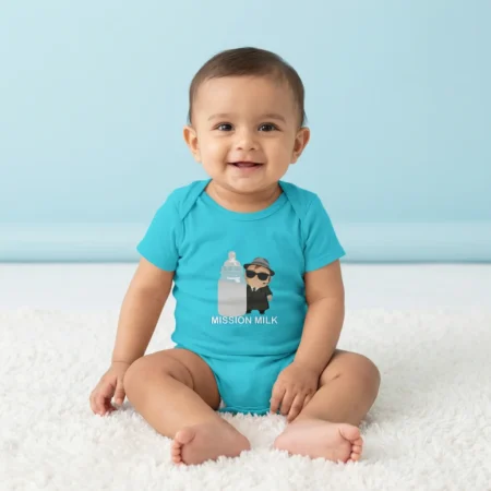 Baby wearing a mission milk baby romper light blue coloured