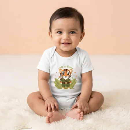 Baby wearing a tiger baby romper White coloured