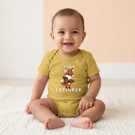 Baby wearing yellow coloured Tiny explorer fox baby romper
