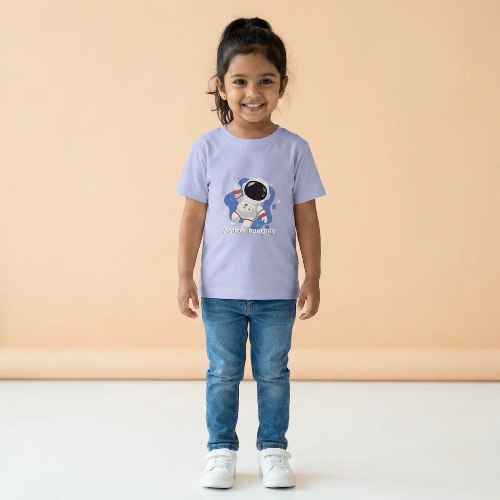 Girl wearing a Astro naughty Kids Tshirt lavender coloured