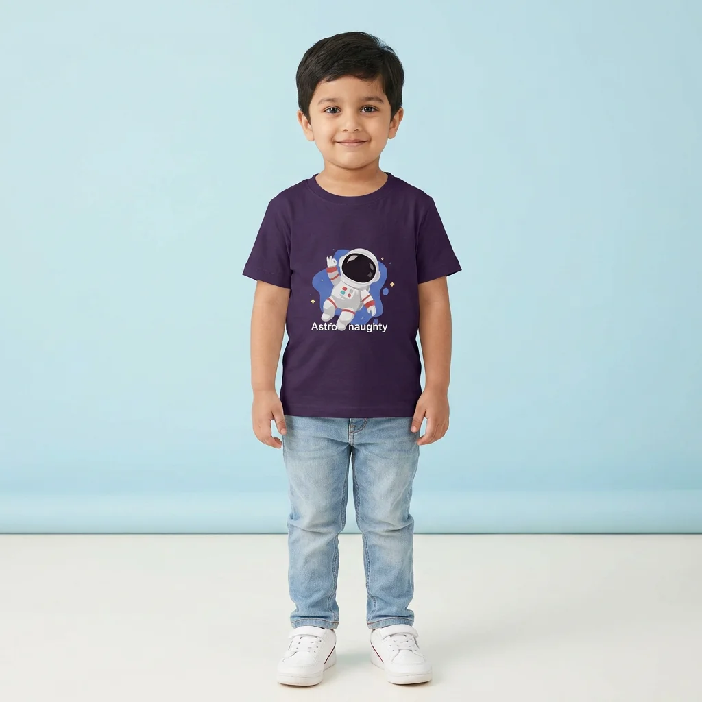 Boy wearing a Astro Naughty Kids Tshirt purple coloured