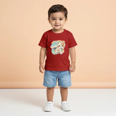 Boy wearing Cant stop me cat kids tshirt red coloured