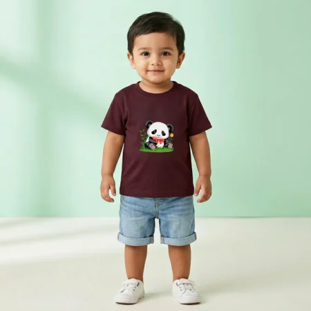 Boy wearing a Cute Panda Kids Tshirt maroon coloured