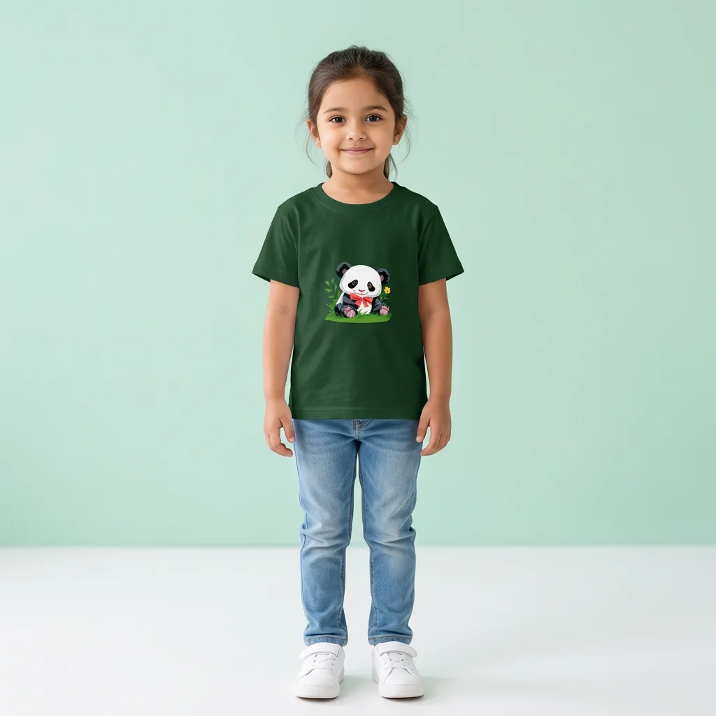 Girl wearing a Cute Panda Kids Tshirt bottle green coloured