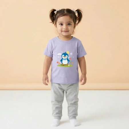 Girl wearing a Cute Penguin Kids Tshirt lavender coloured