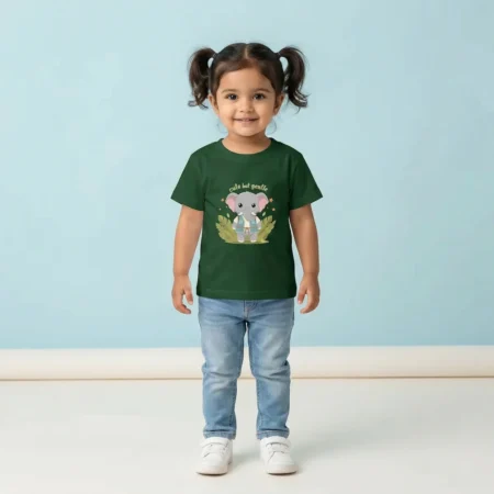 Girl wearing Elephant Kids Tshirt bottle green coloured