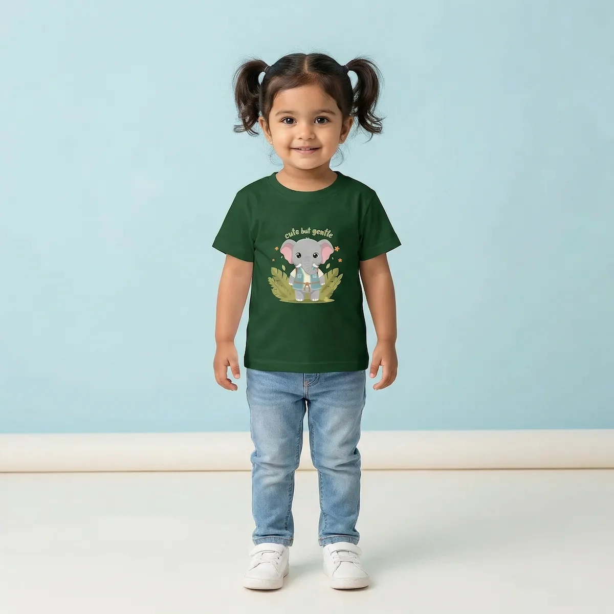 Girl wearing Elephant Kids Tshirt bottle green coloured