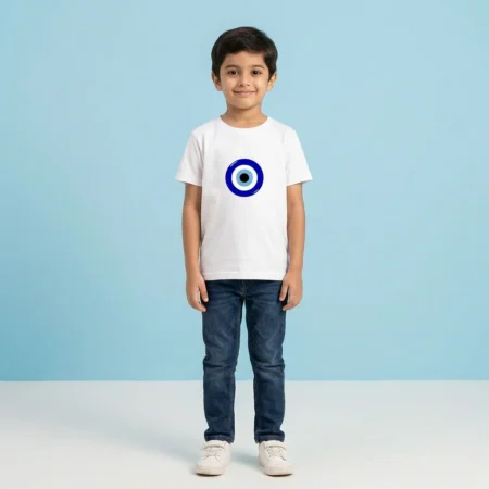 Boy wearing Evil Eye Kids Tshirt white coloured