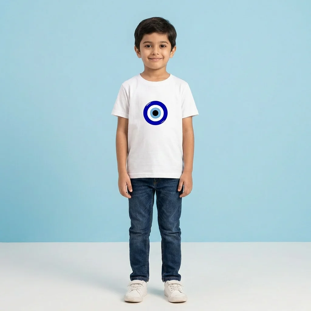 Boy wearing Evil Eye Kids Tshirt white coloured